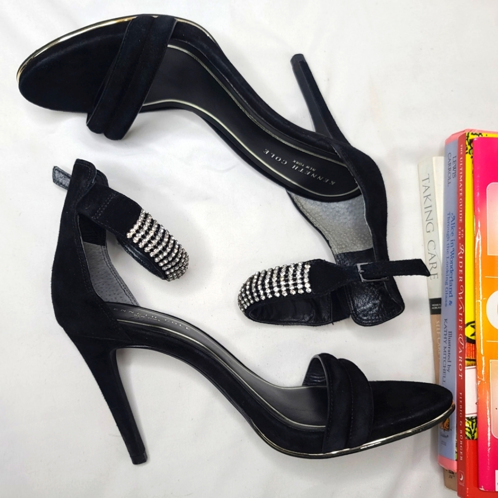 Kenneth Cole Black Suede Rhinestone Ankle Strap 4.75 inch High Heels Size 8